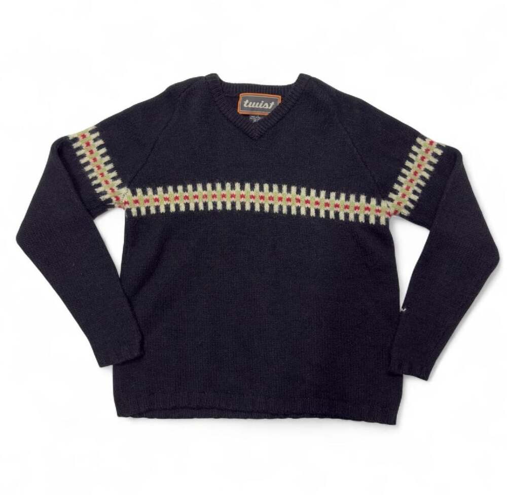 Twist V-Neck Wool Blend Sweater Size L Black Fair Isle Pattern
